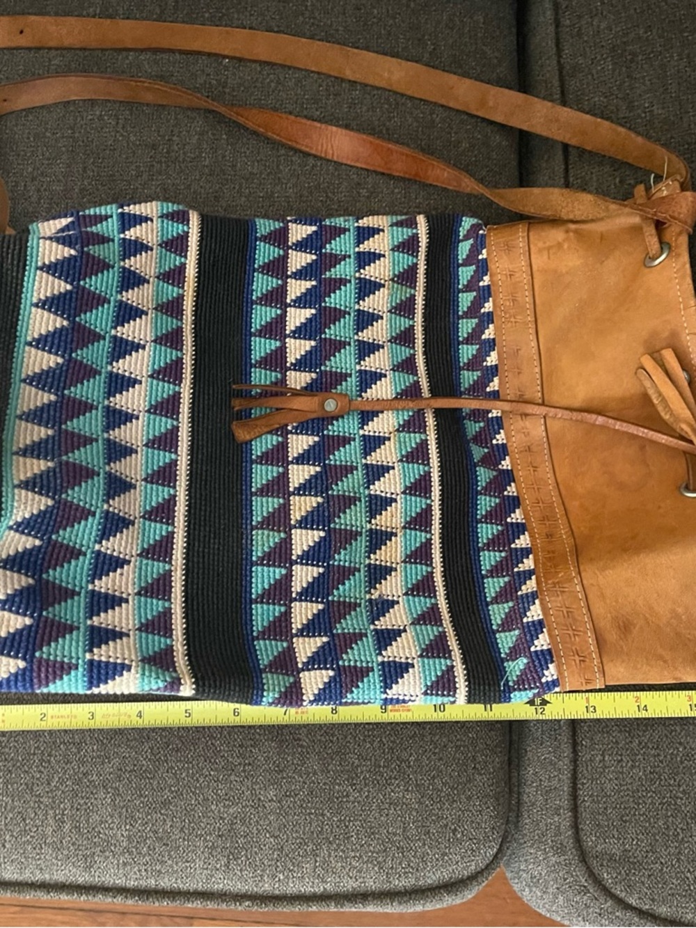 Blue Patterned Woven Crossbody Tote with Tan Leather Trim